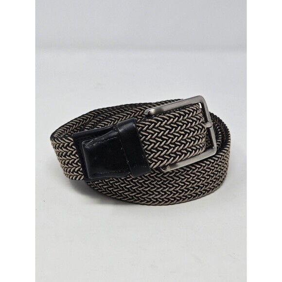TOMMY BAHAMA STRETCH KHAKI & BLACK WOVEN FABRIC & LEATHER BELT MENSWEAR MEN L/XL - Picture 1 of 12